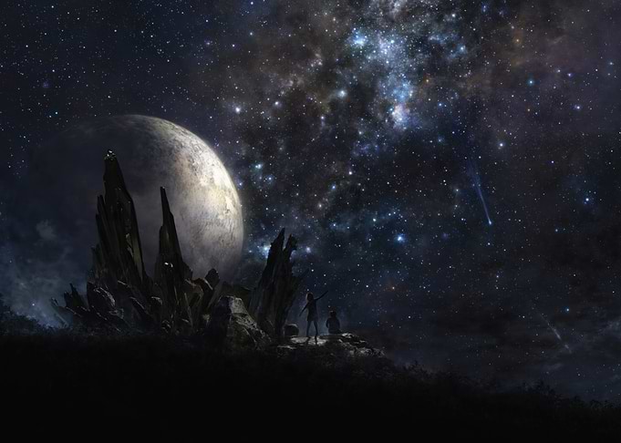 Two figures watching the starry sky