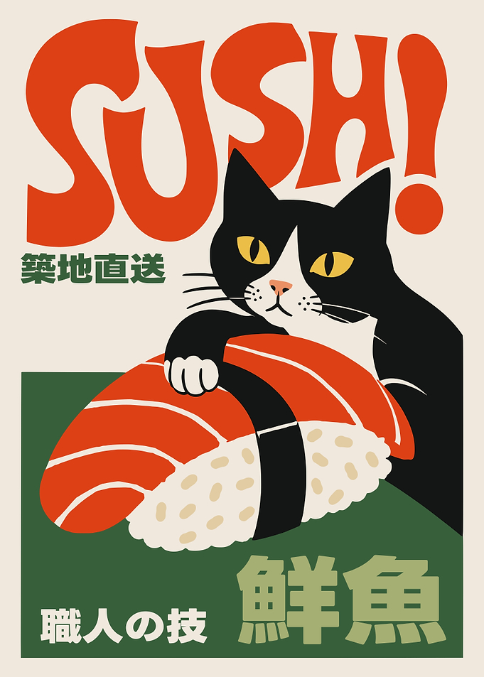 Vintage Style Sushi Cat Poster