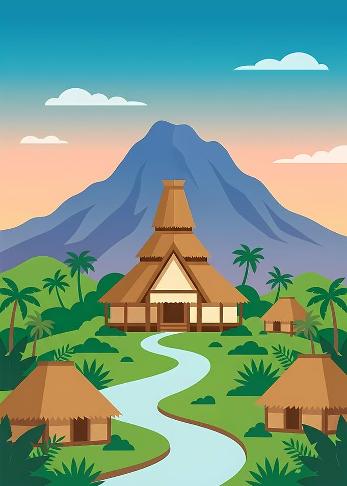 Tropical Village with Mountain Backdrop