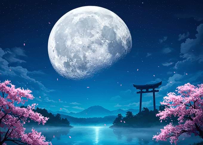 Giant Moon Over Japanese Torii Gate