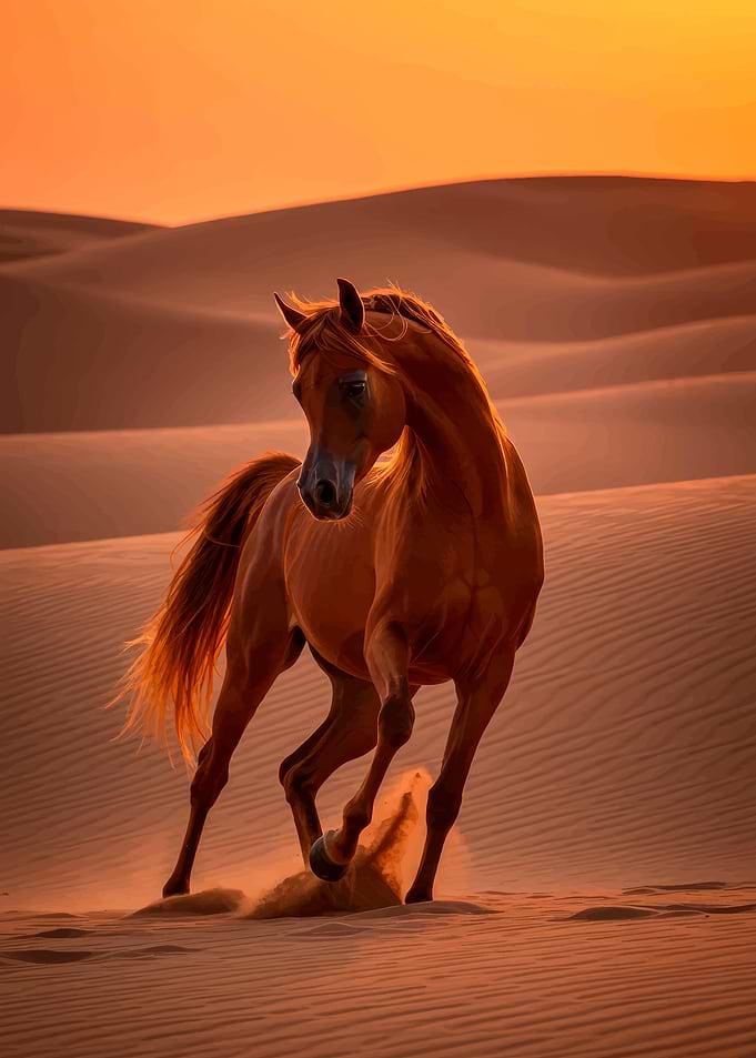 Arabian Horse Running in Desert Sunset