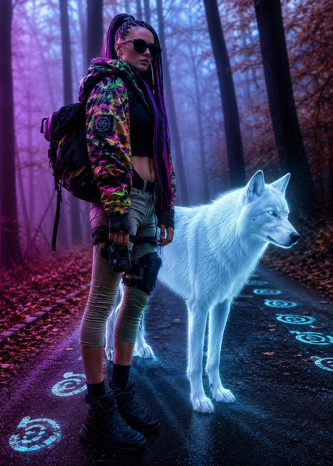 Cyberpunk Woman with Glowing Spirit Wolf