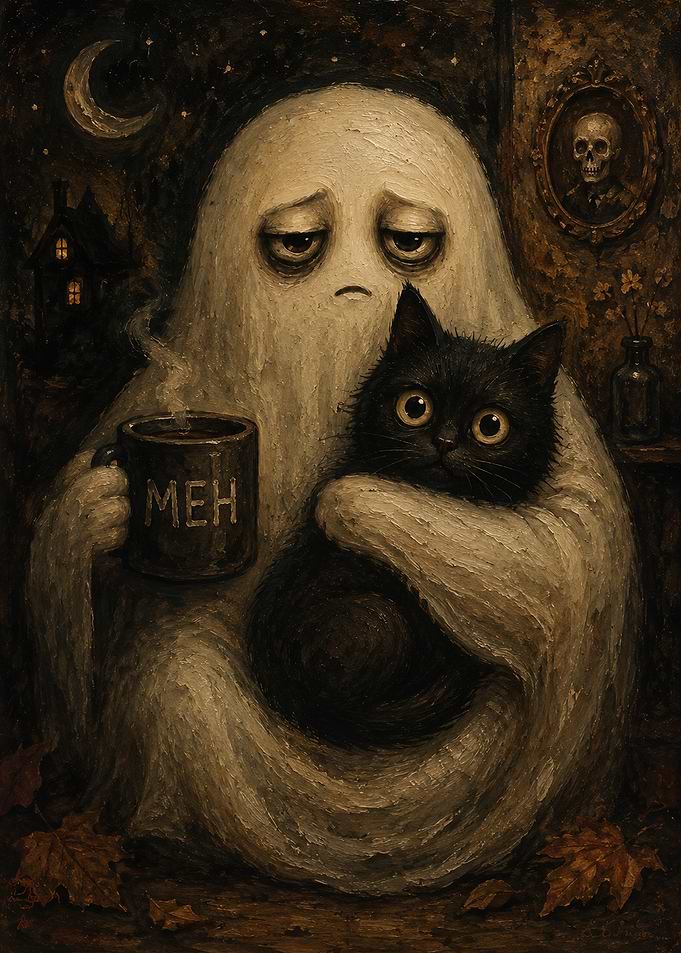 Tired Ghost Holding Black Cat