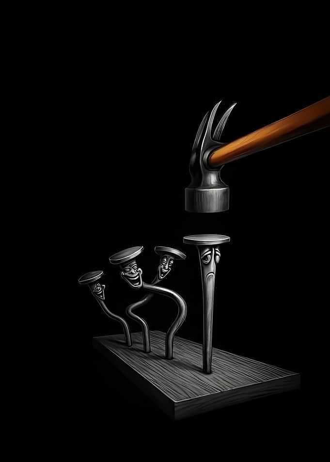 Hammer and Anthropomorphic Nails Illustration
