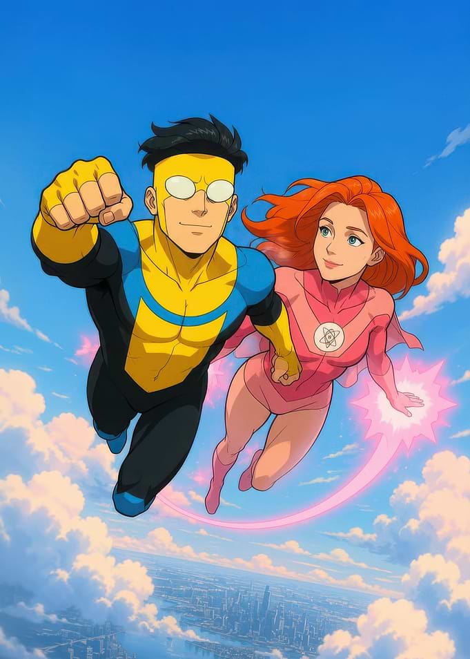 Invincible and Atom Eve Flying