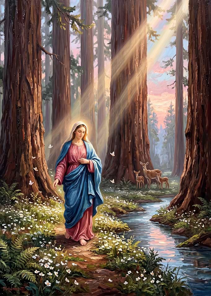 Virgin Mary Walking in Redwood Forest