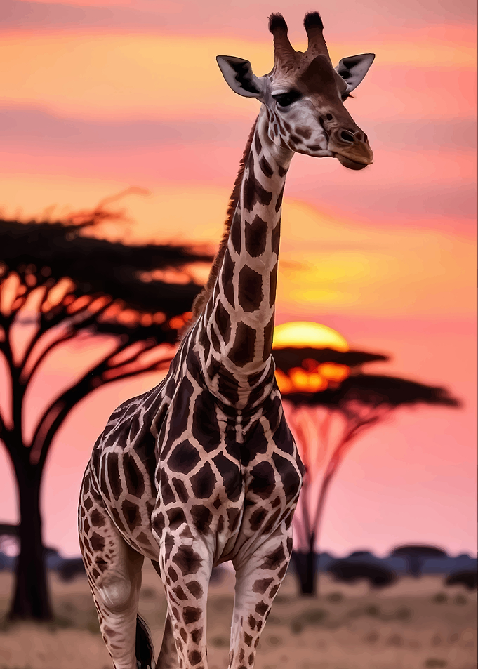 Giraffe at Sunset in African Savanna