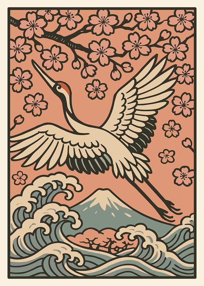 Japanese Crane Over Mount Fuji Ukiyo-e Style Wall Art Poster with Cherry Blossoms