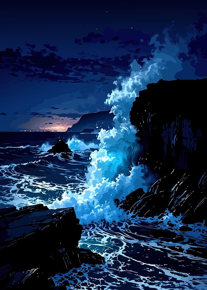 Dramatic Night Ocean Waves Crashing