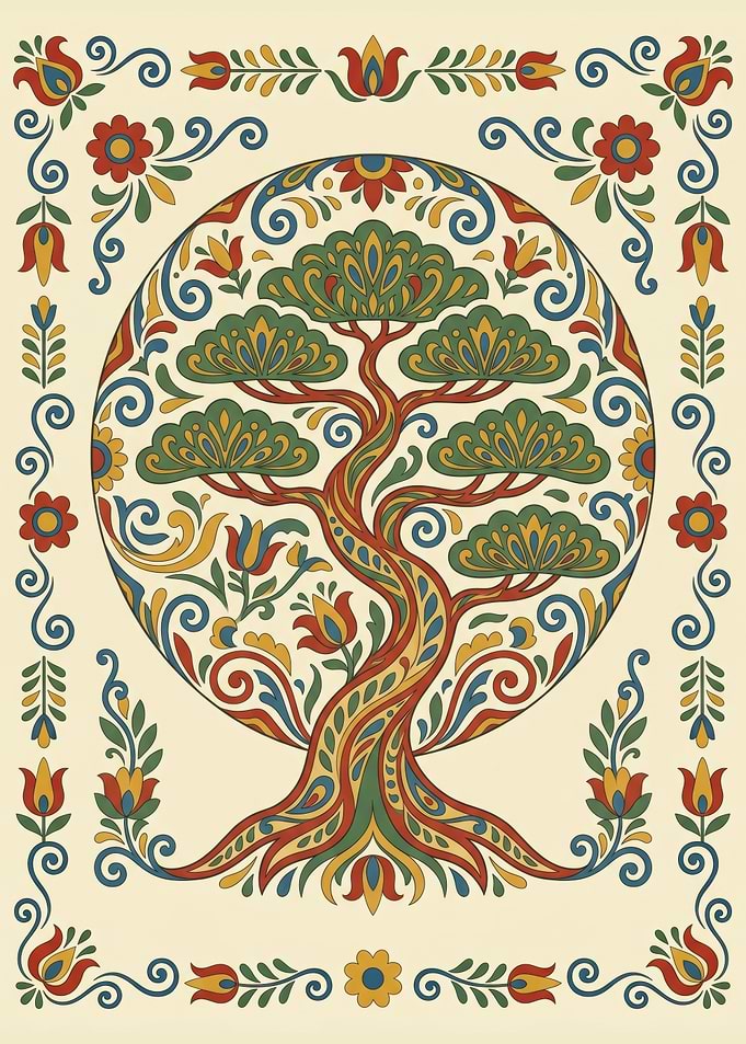 Traditional Swedish Kurbits Folk Art Tree Illustration