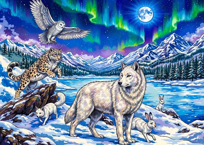 Arctic Wildlife Under Northern Lights