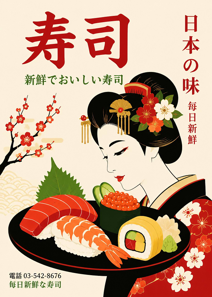 Japanese Sushi Poster with Geisha Illustration
