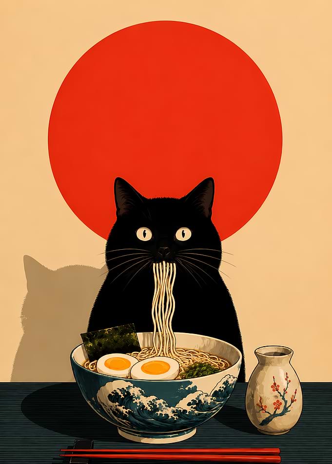 Black Cat Eating Ramen Illustration