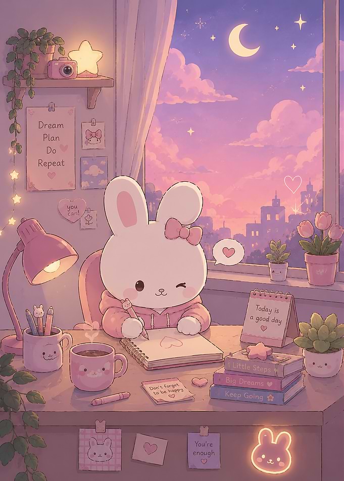 Cute Bunny Studying at Cozy Desk