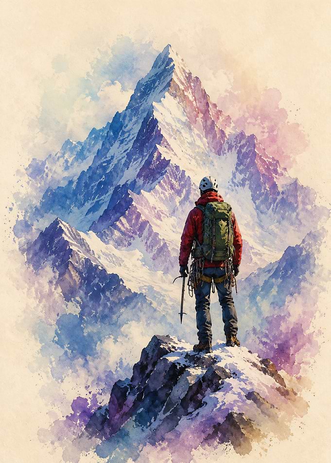 Mountaineer Standing Before Snowy Peak