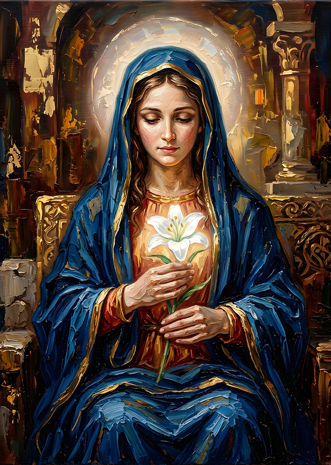 Virgin Mary Holding White Lily