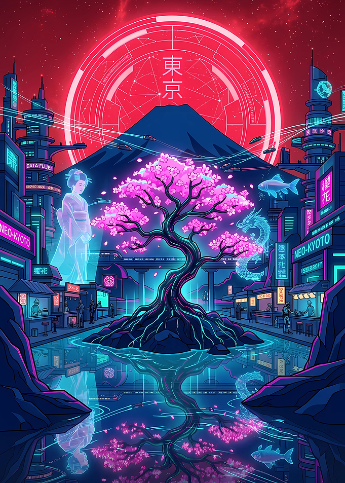 Cyberpunk Neo-Kyoto Cherry Blossom Landscape
