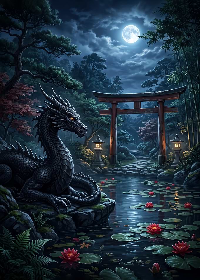 Black Dragon at Japanese Moonlit Shrine art