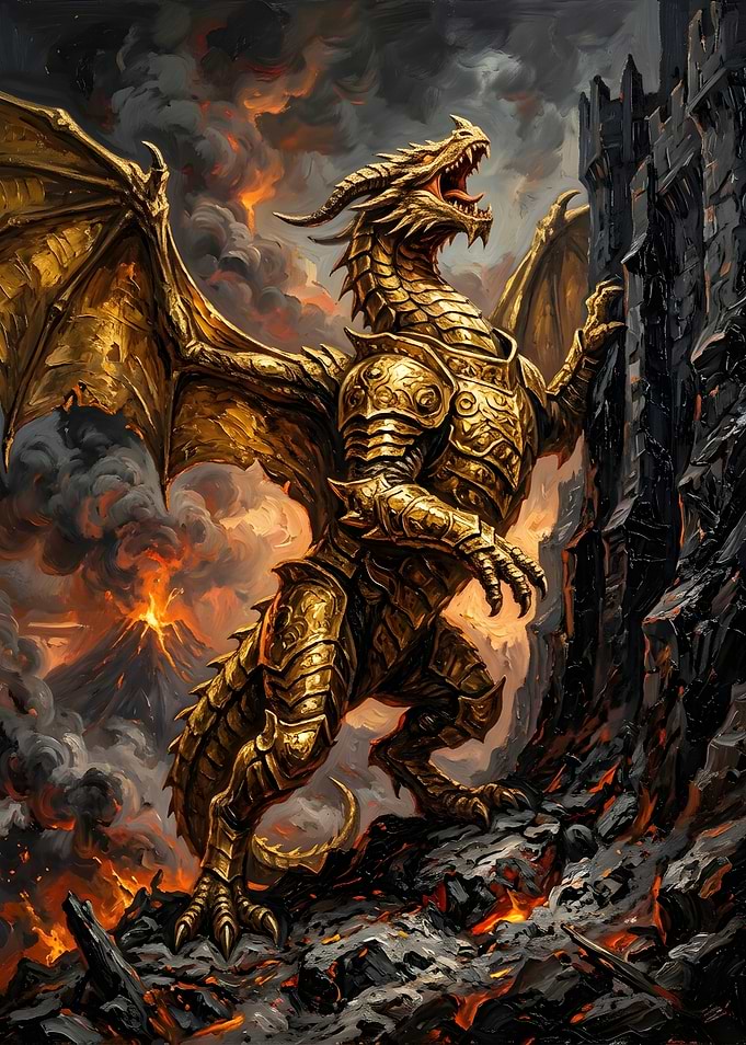 Golden Armored Dragon in Volcanic Landscape