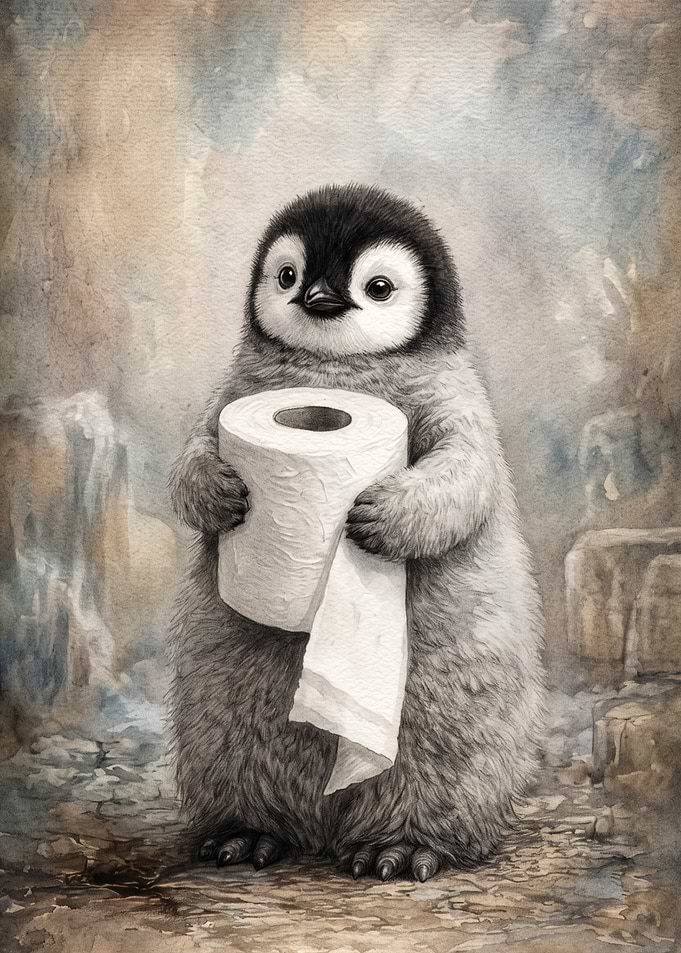 Cute Baby Penguin Holding Toilet Paper