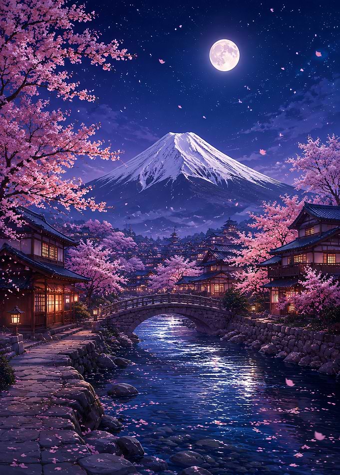 Mount Fuji Under Moonlight and Sakura
