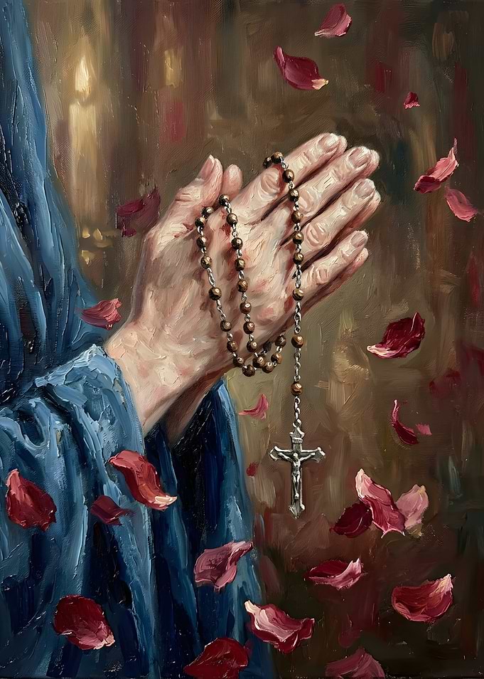 Praying Hands with Rosary and Petals