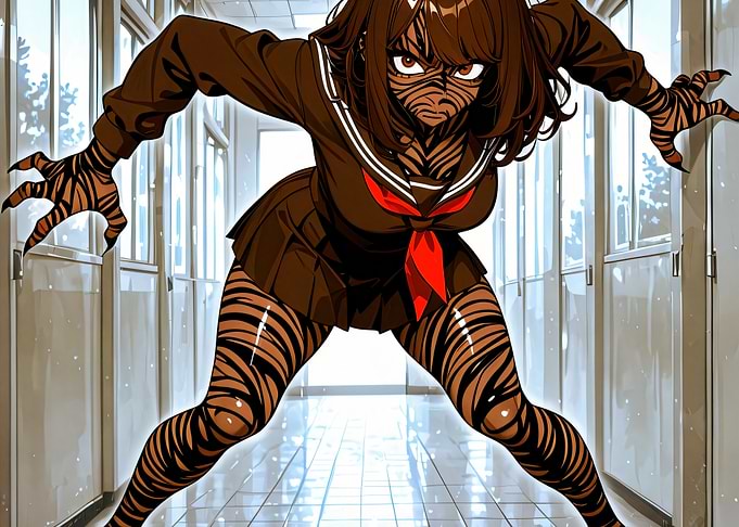 Tiger-striped schoolgirl in hallway