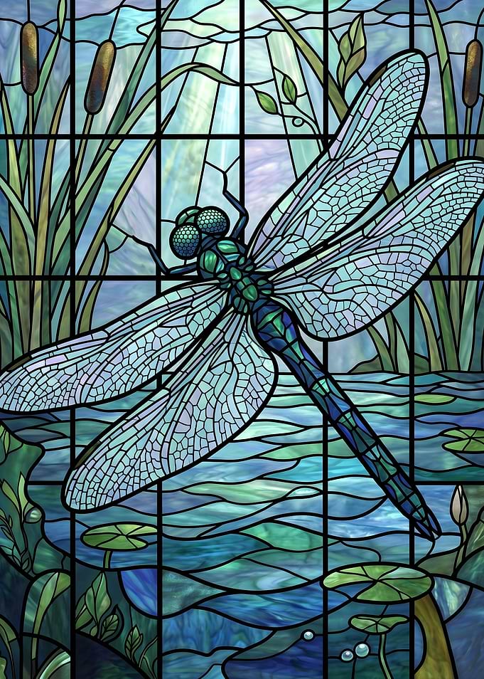 Stained Glass Dragonfly Pond Scene