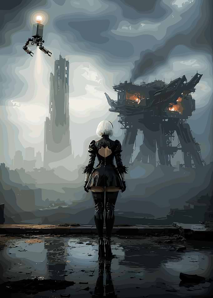 2B Standing in Ruined Cityscape