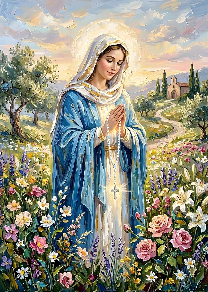 Virgin Mary Praying with Rosary