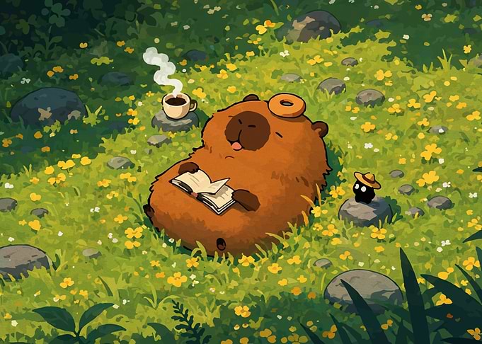 Capybara Reading in a Meadow