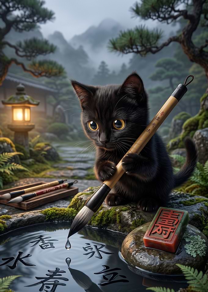 Cute Black Kitten Practicing Calligraphy