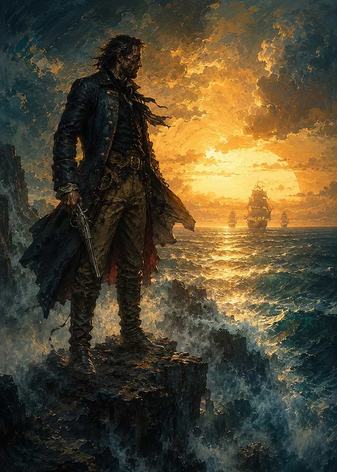Lone Pirate Watching Ships at Sunset