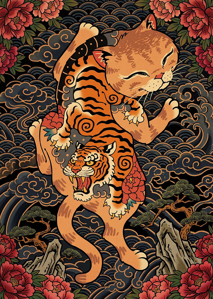 Japanese Style Cat and Tiger Illustration