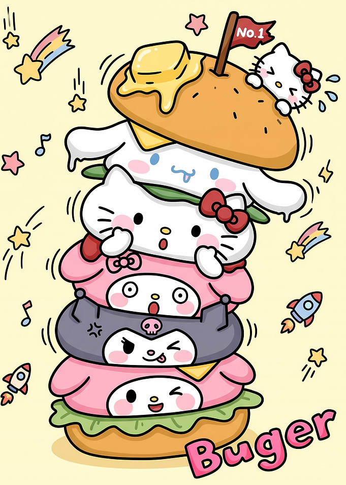 Sanrio Characters Stacked Burger Illustration