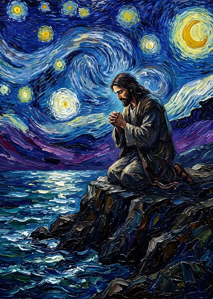 Jesus Praying Under Starry Night Sky