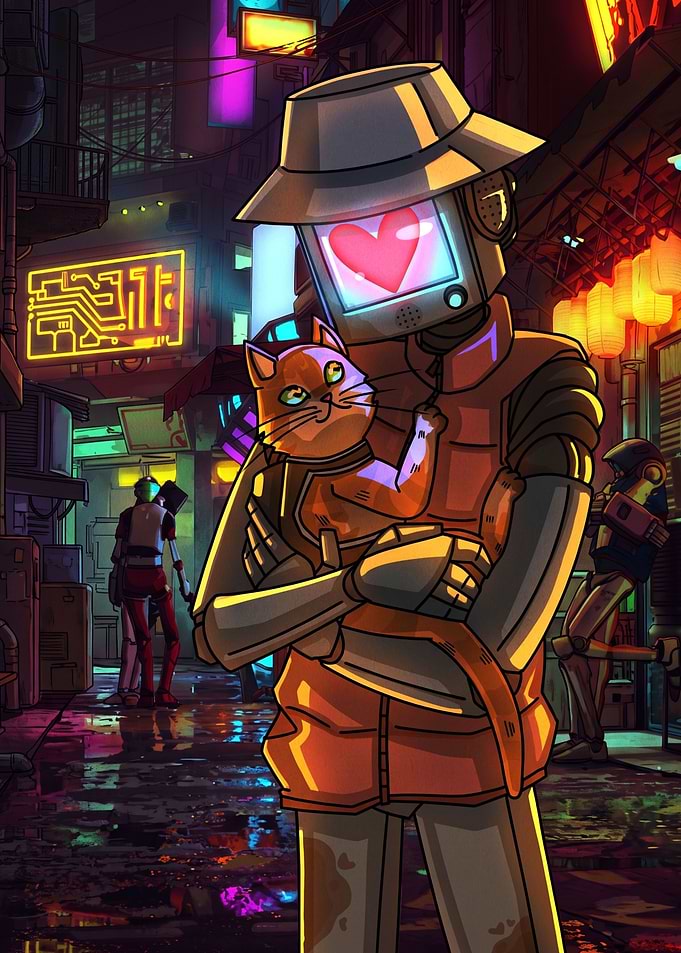 Robot Holding Cat in Cyberpunk City
