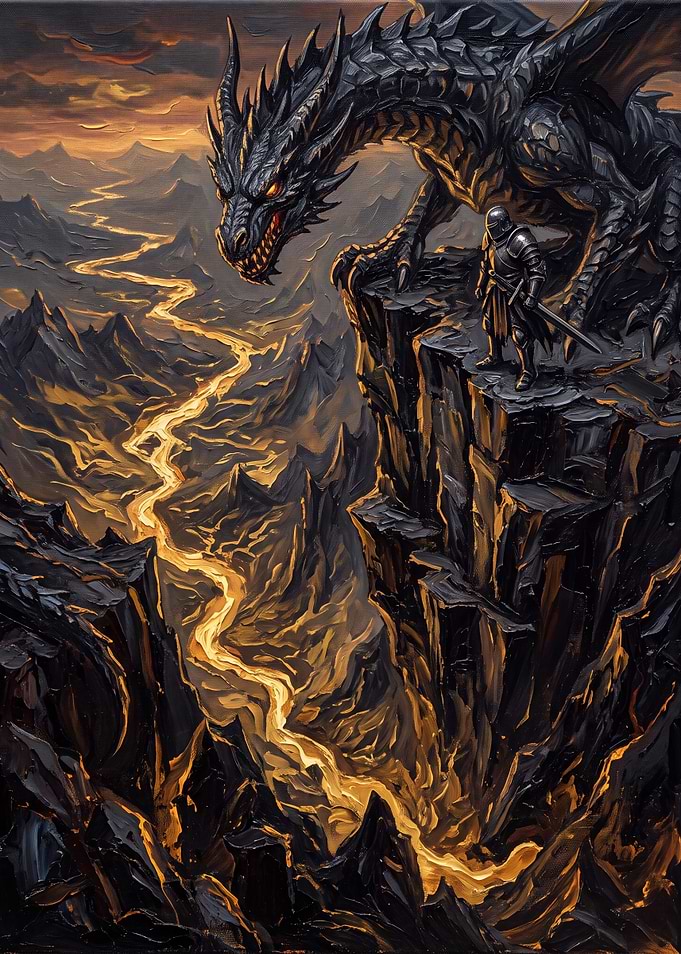 Knight and Dragon on Mountain Cliff