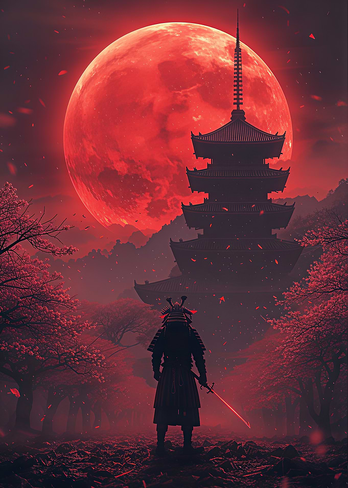 Samurai Standing Under Red Moon