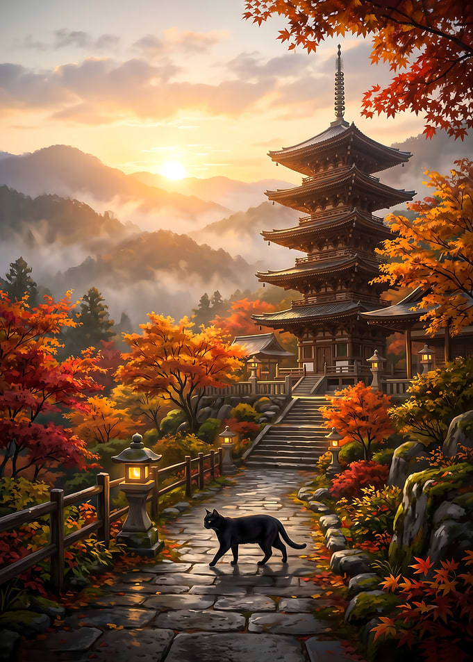 Black Cat at Japanese Temple Sunset art poster