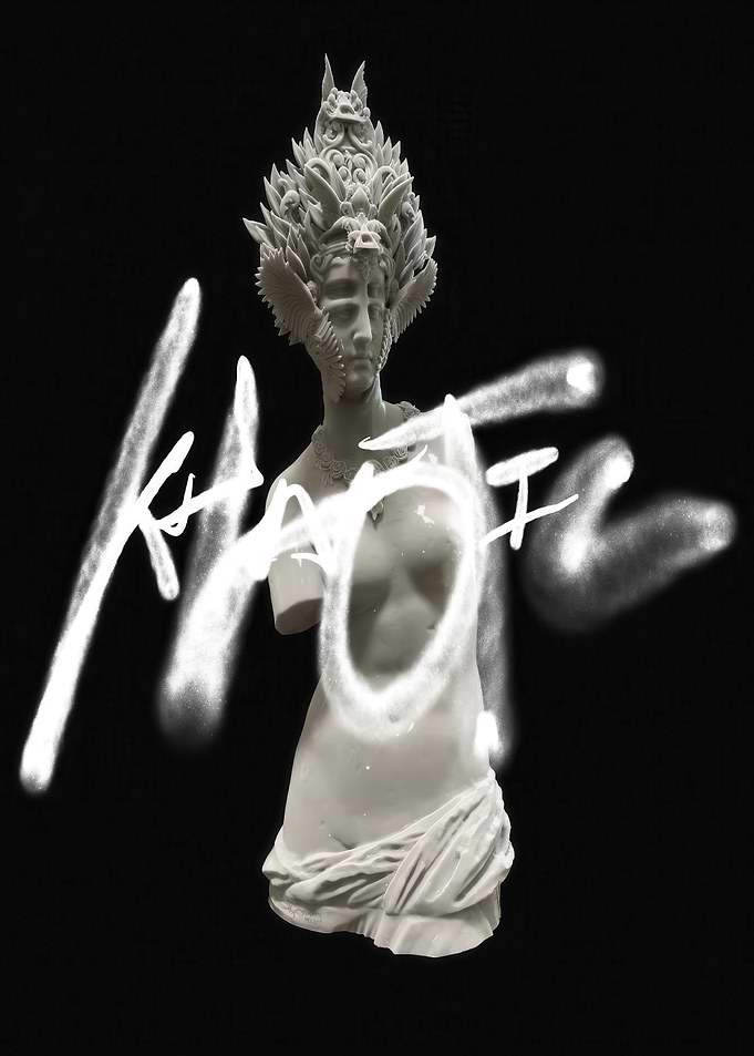Classical Statue with Graffiti Text