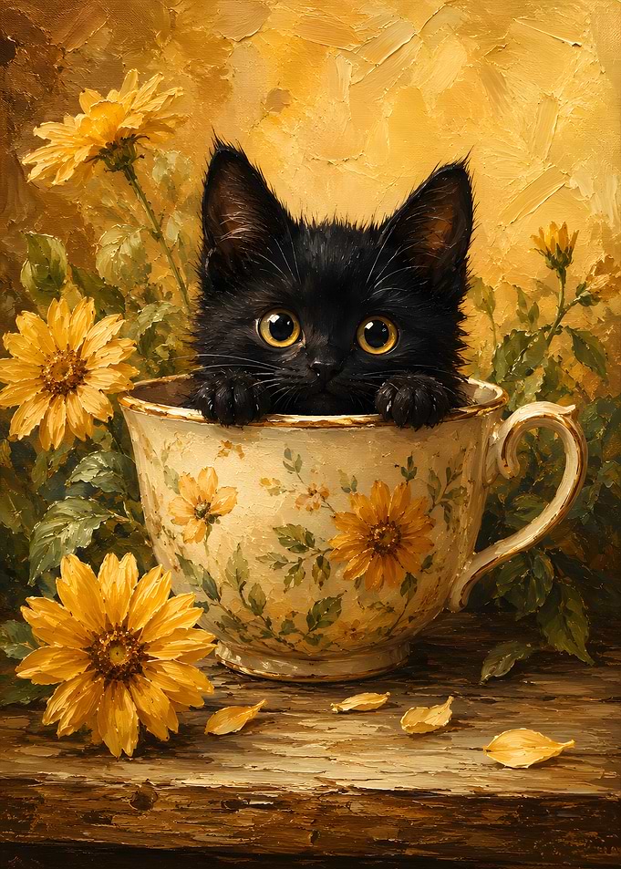 Black Kitten in Floral Teacup