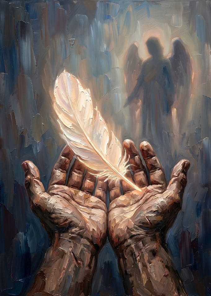Hands Holding a Glowing Angel Feather