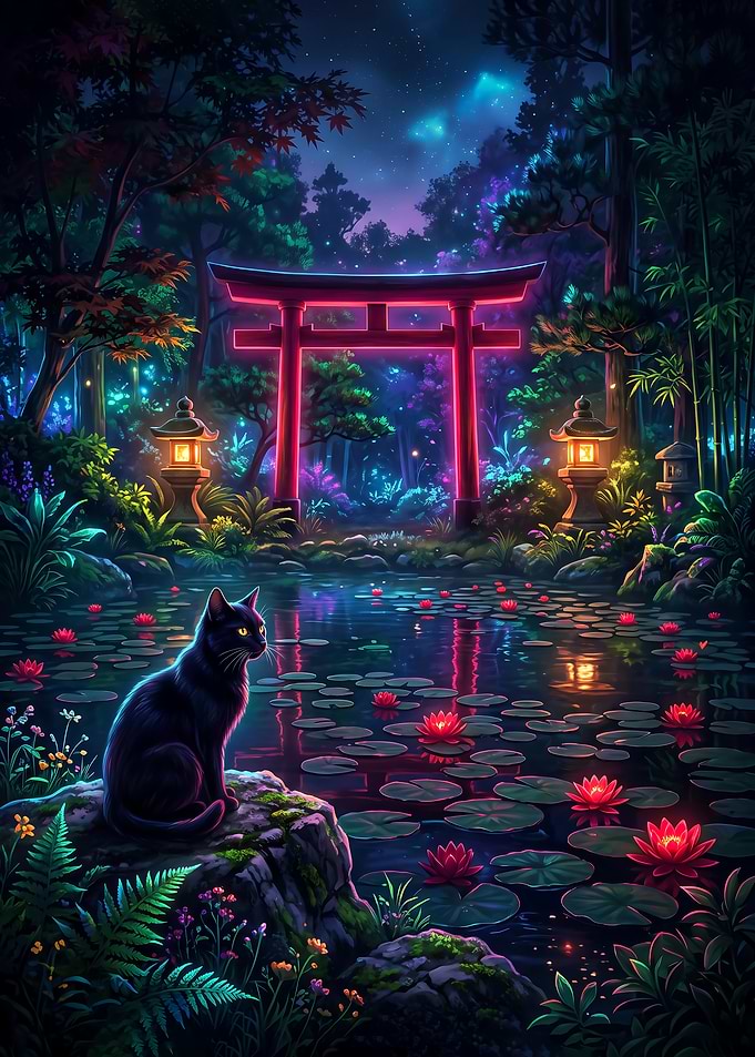 Black Cat at Neon Torii Gate japanese art poster