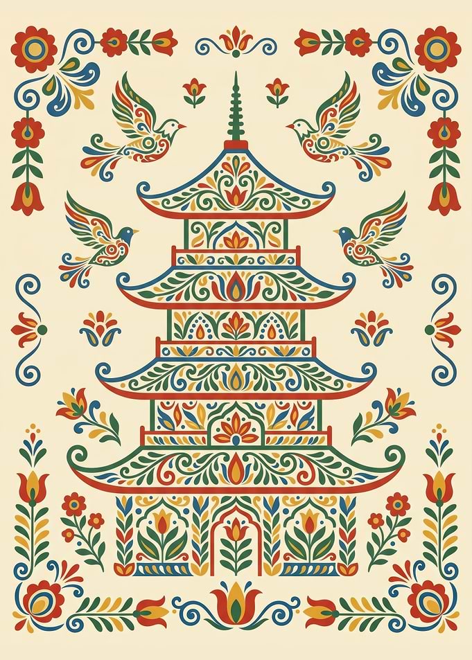 Traditional Kurbits Folk Art Pagoda Bird Illustration