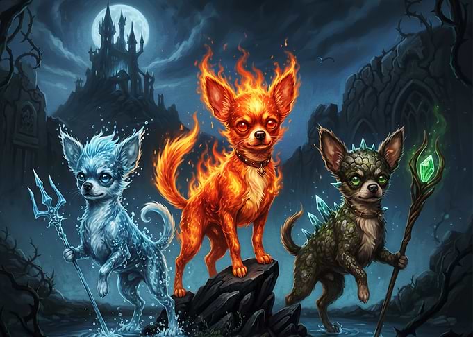 Elemental Chihuahua Trio Fantasy Art