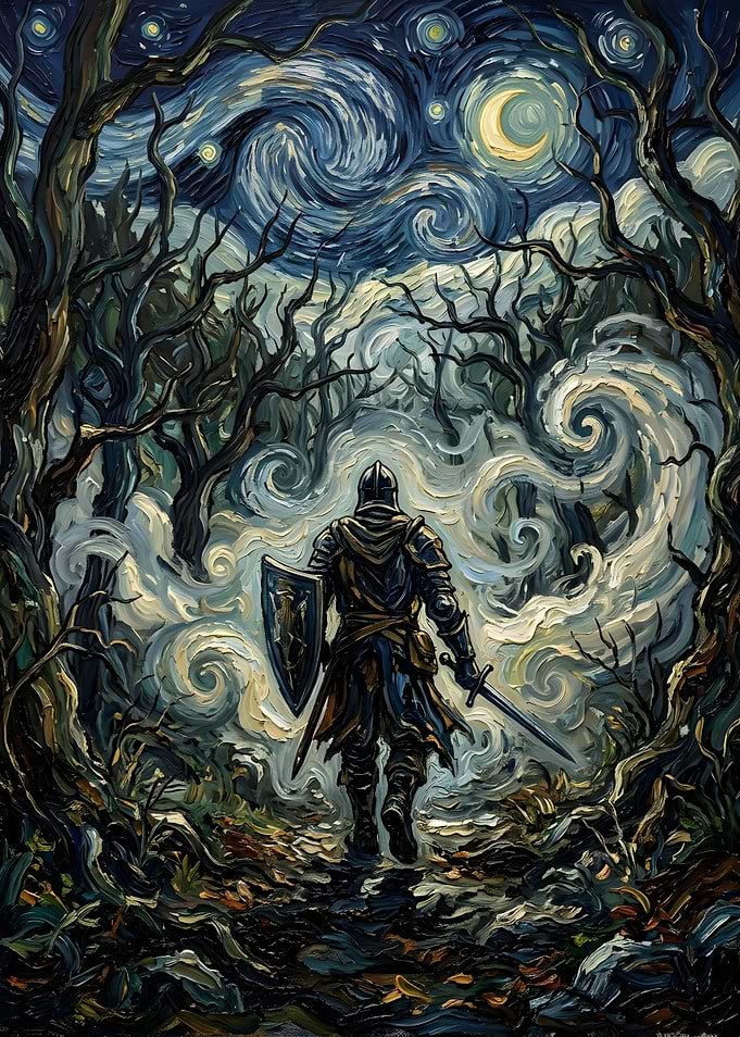 Knight in Starry Night Forest