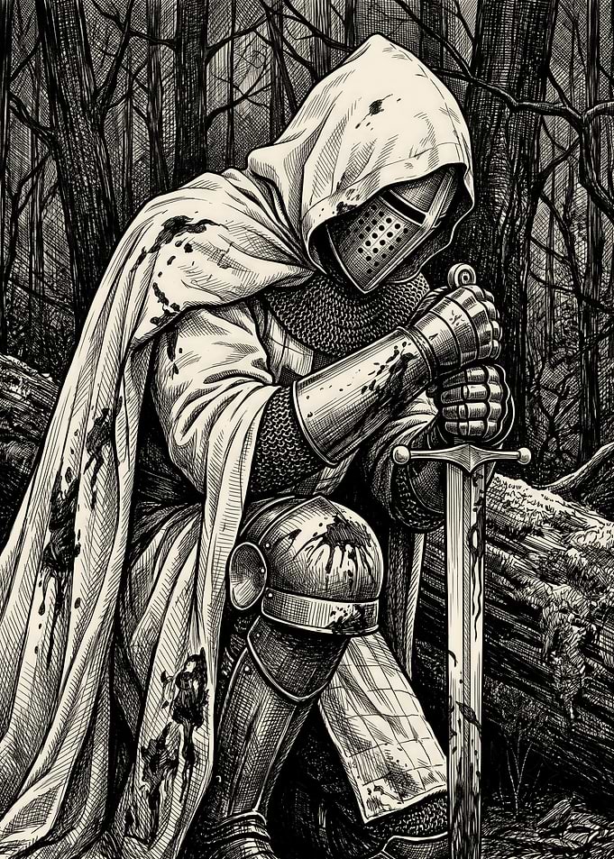 Kneeling Knight in Dark Forest