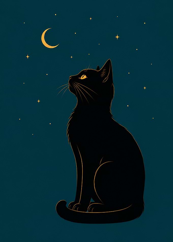 Black Cat Under Crescent Moon