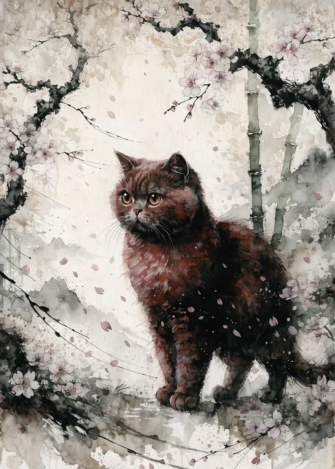 Watercolor Cat Amidst Cherry Blossoms